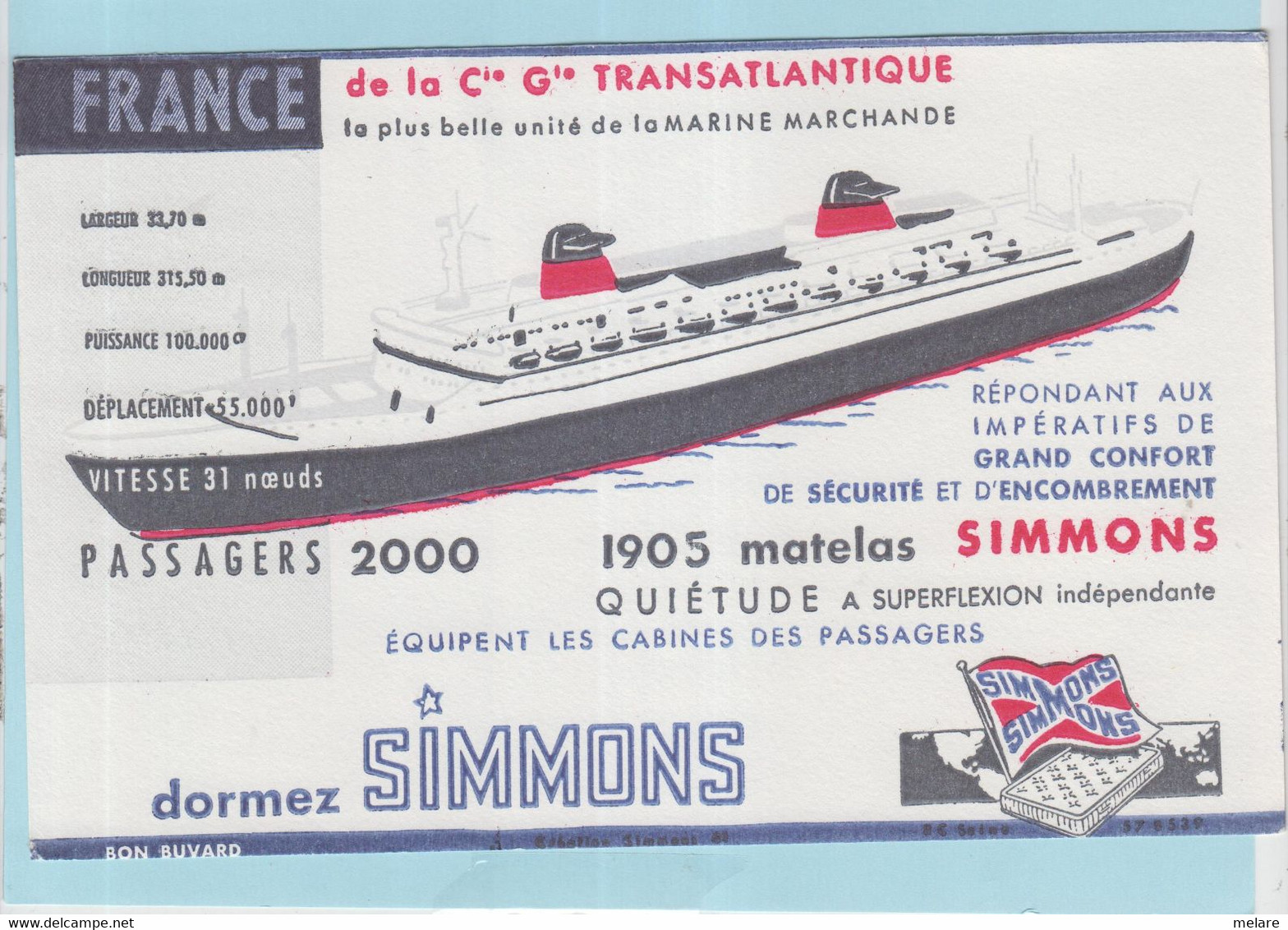 Buvard  Navire Paquebot FRANCE Matelas Simmons 21 - Transports