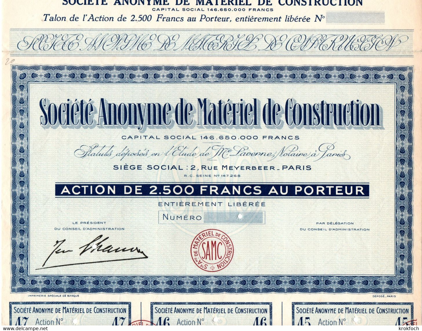 SA De Matériel De Construction - Action Paris Avec Trois Coupons - !! Perforations D'annulation - BTP - M - O