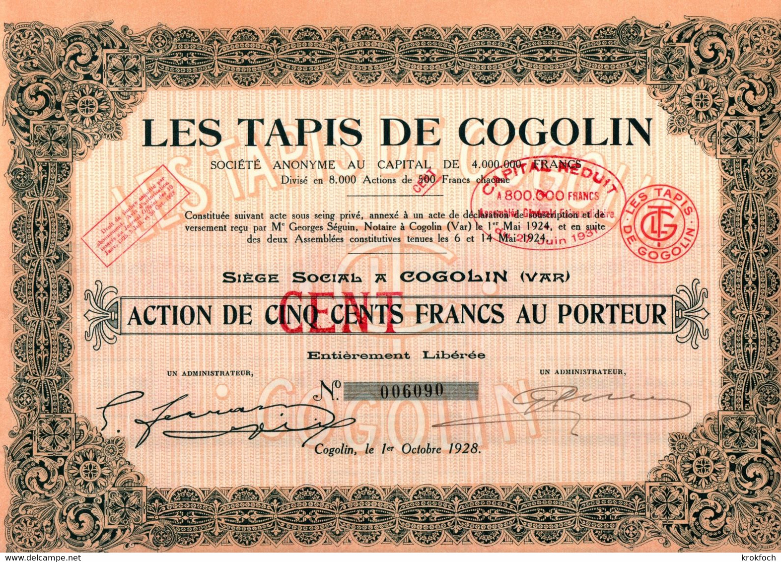 Tapis De Cogolin (83 - Var) - Action 1928 Avec 30 Coupons - S - V