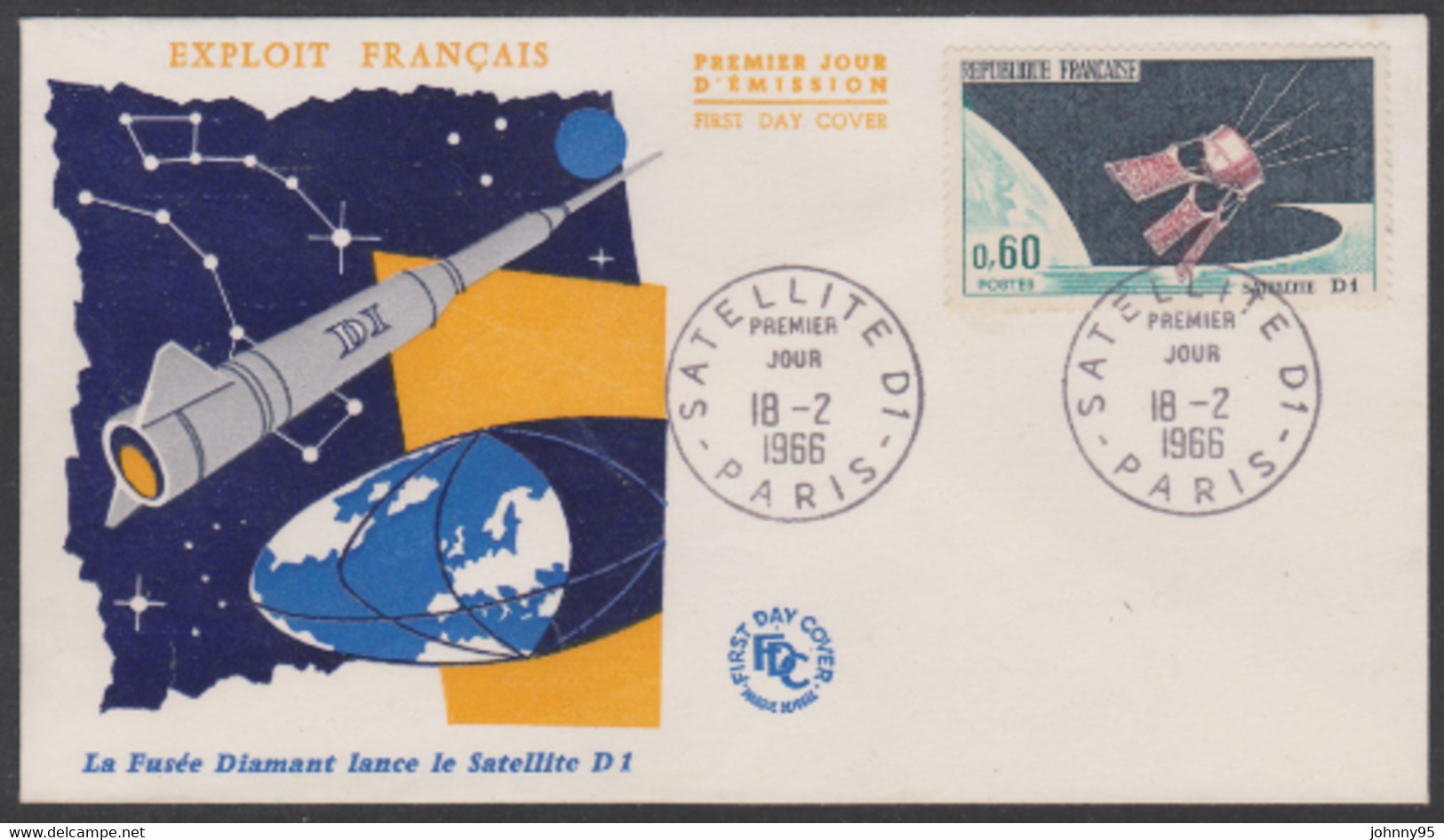 Année 1966 - N° 1476 - Lancement Du Satellite D1 - Env. 1er Jour - Obl. Paris 18-02-1966 - 1960-1969