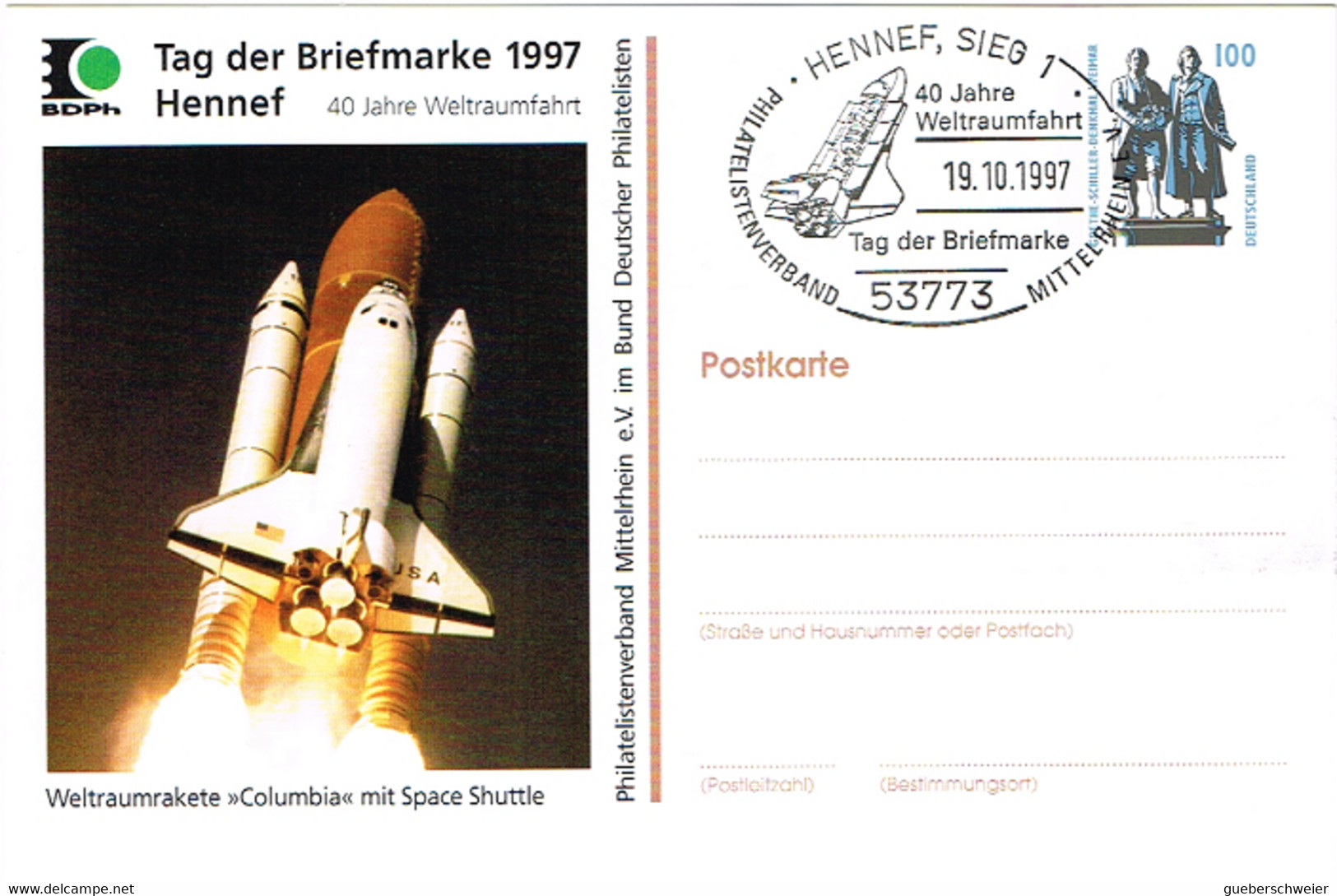 L-ALL-251 - ALLEMAGNE Entier Postal Illustré Fusée Columbia  Journée Du Timbre 1997 Obl. Ill. De Hennef, Sieg - Cartes Postales Privées - Neuves