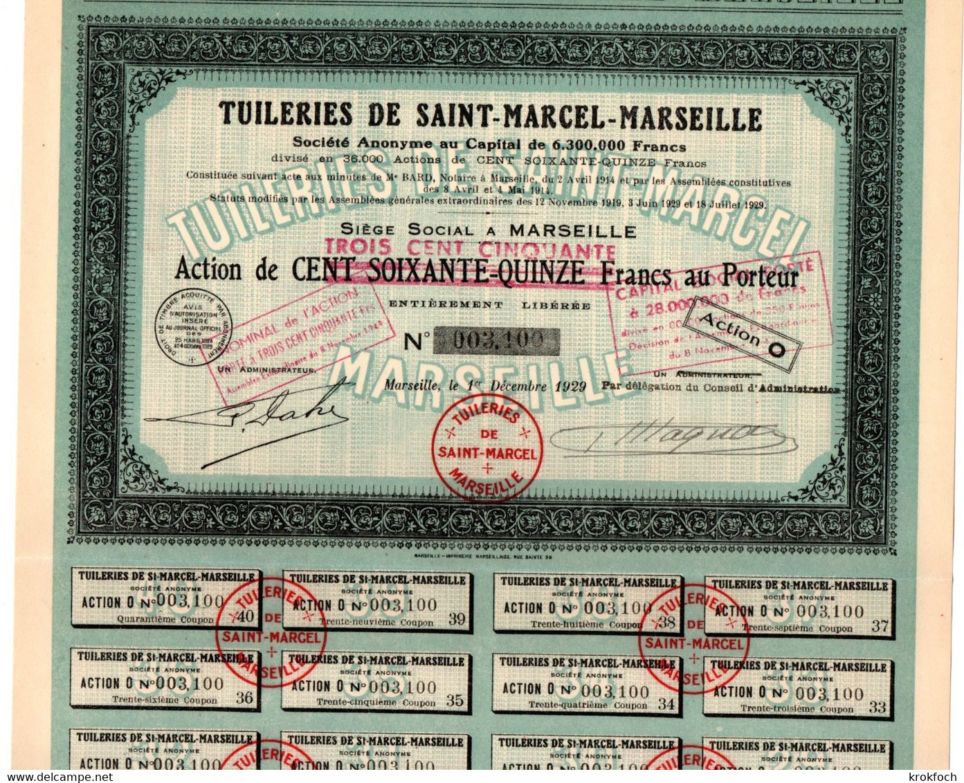 Tuileries De Saint-Marcel Marseille 1929 - Action Avec 31 Coupons - Me Bard Notaire - D - F