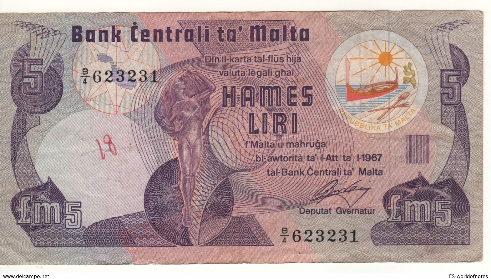 MALTA  5 Liri/Pounds  P35a   ( L. 1967 - 1979)   Statue Of "Culture"  + Industrial Estate On Back - Malta