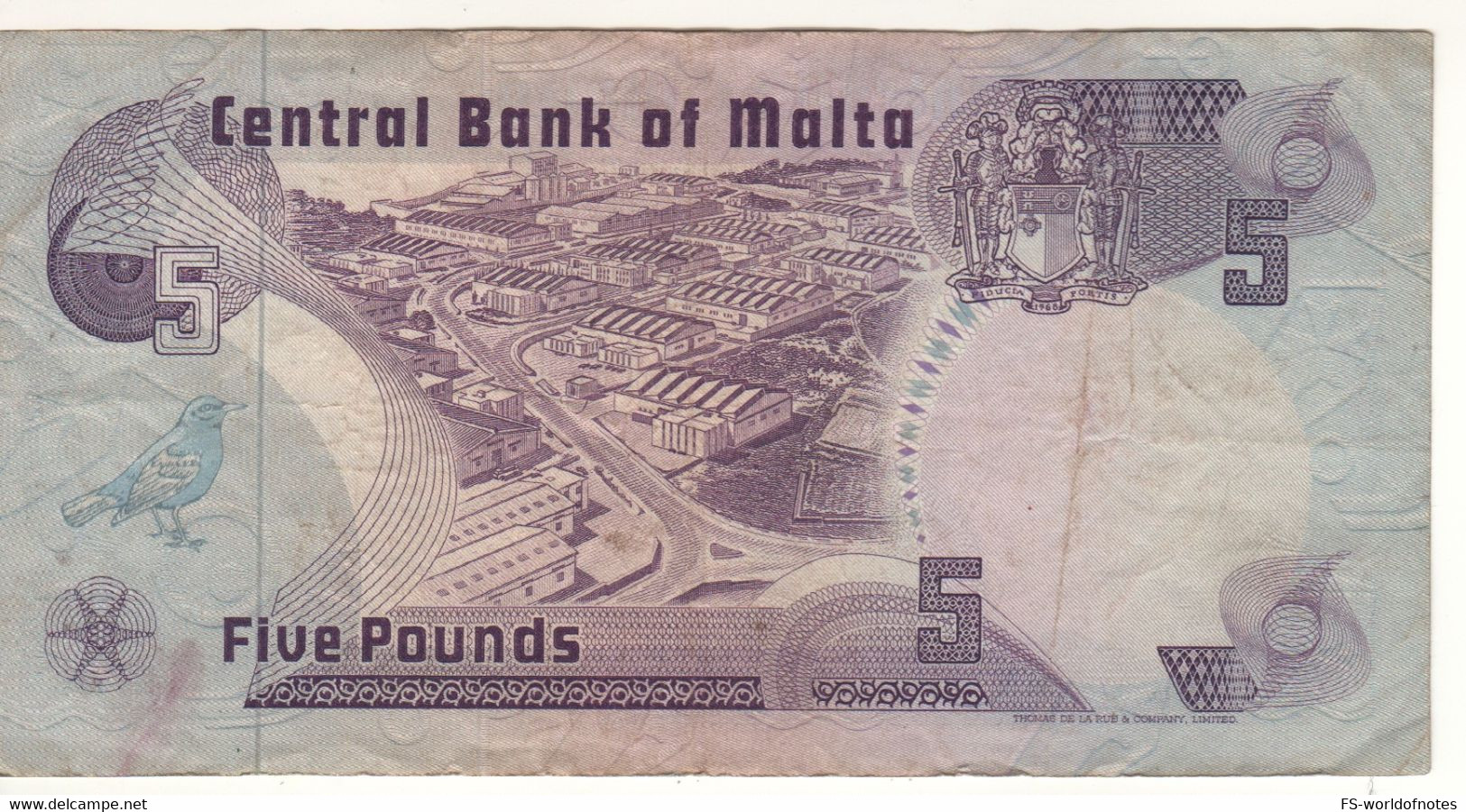 MALTA  5 Liri/Pounds  P35a   ( L. 1967 - 1979)   Statue Of "Culture"  + Industrial Estate On Back - Malte