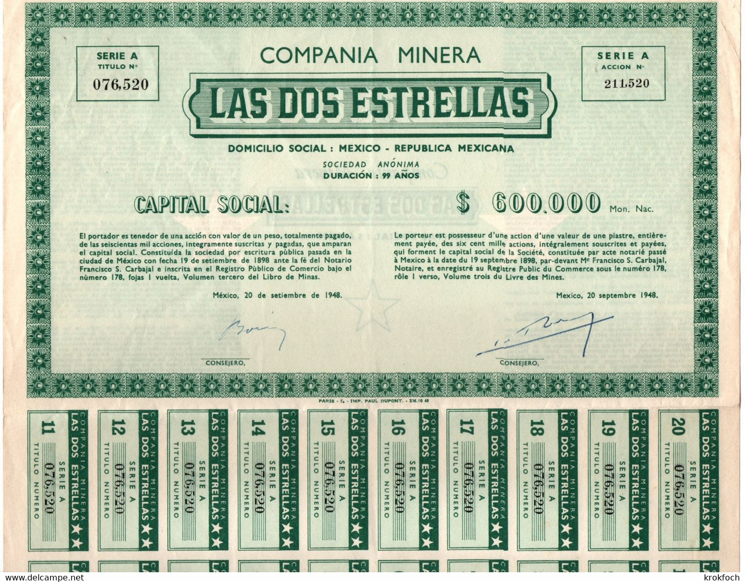Compania Minera Las Dos Estrellas - Mexico Mexique - Action D'une Piastre Avec 20 Coupons - Mines - M - O