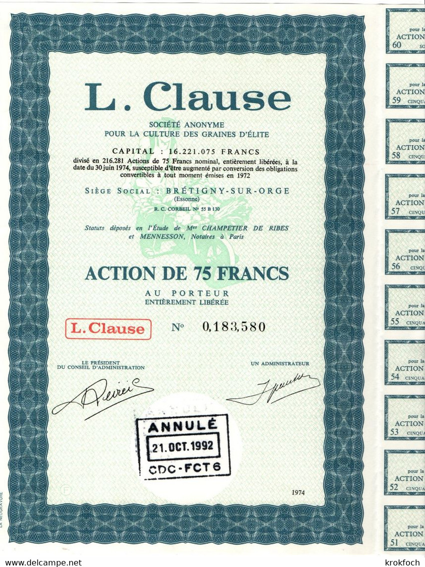 Clause Graines D'élite - Action Paris 1974 Avec 18 Coupons - Brétigny - A - C