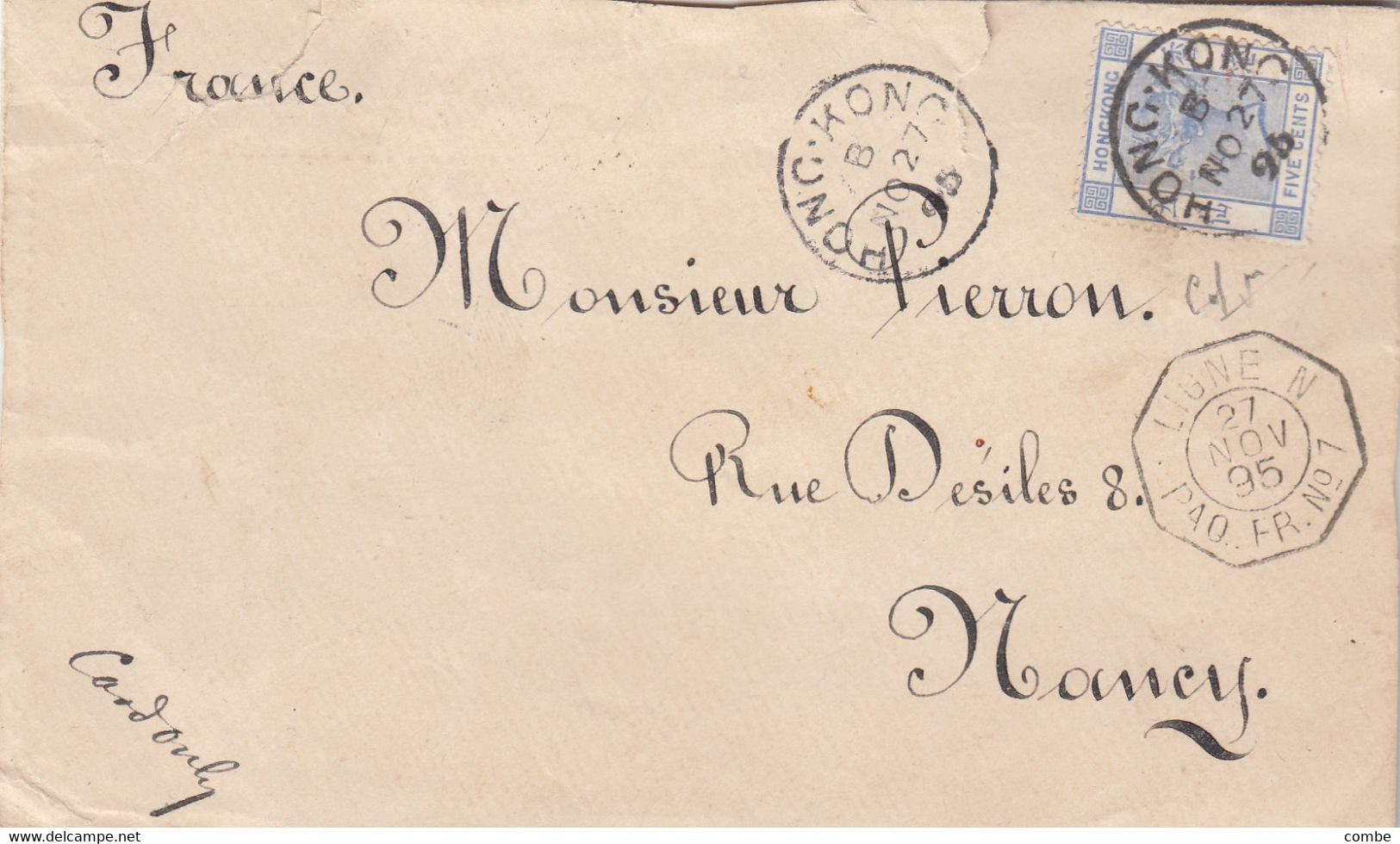 LETTRE. 27 NOV 1895. HONG-KONG. 5c. POUR LA FRANCE NANCY. LIGNE N  PAQ.FR.N° 1 - Briefe U. Dokumente