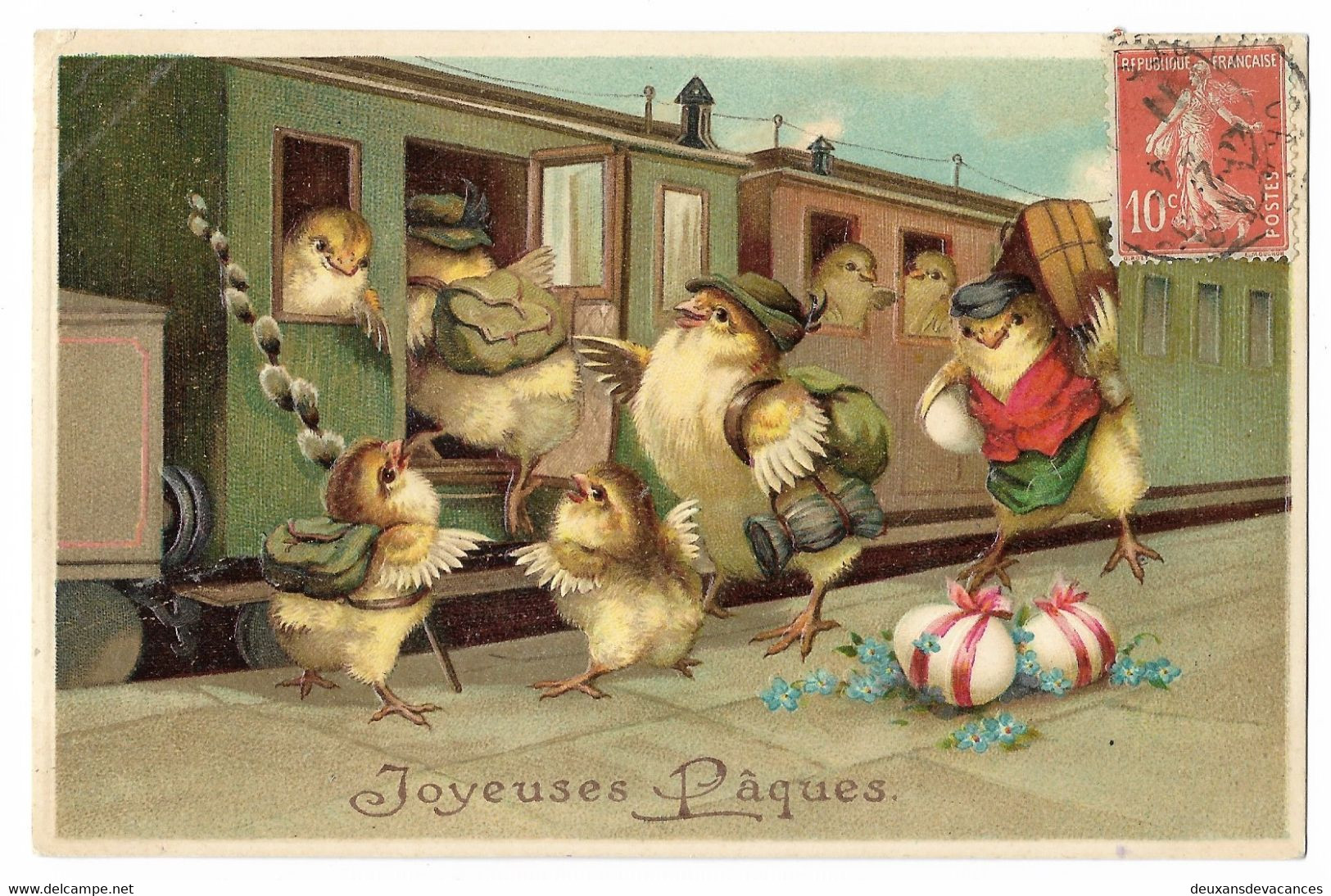 CPA PAQUES Carte Gaufrée - Poules , Poussins Humanisés - Train - Pâques