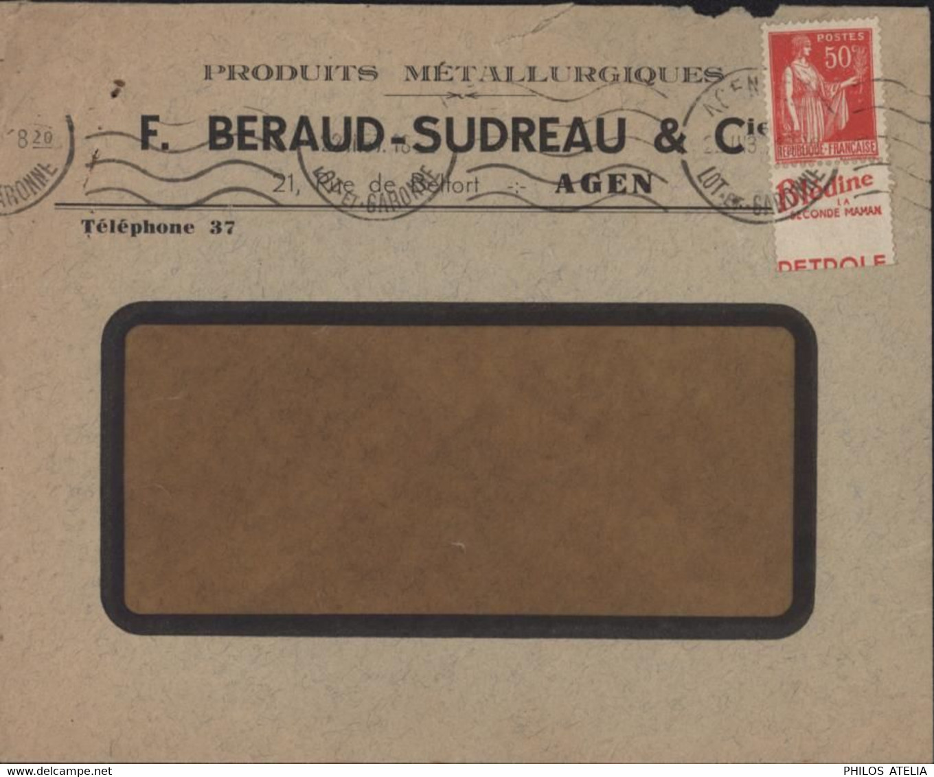 Variété Découpe Sur Vignette Ou Bandelette Publicitaire Blédine Et Partiel Pétrole ? YT 283 Paix CAD Agen 22 3 37 - Lettres & Documents