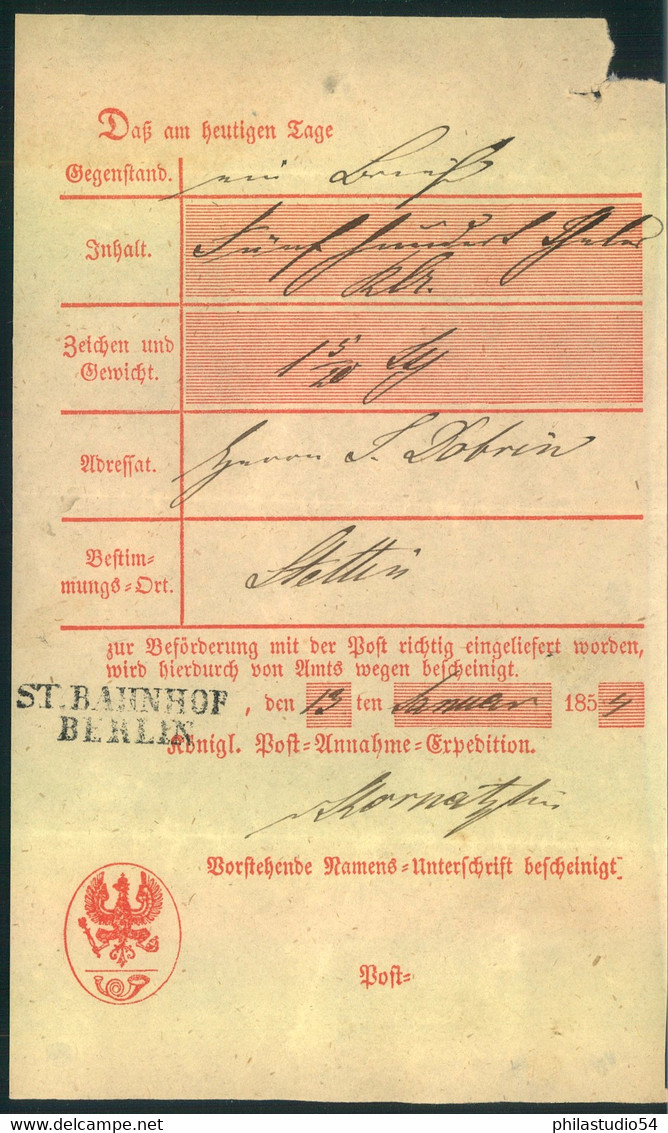 1854, "ST. BAHNHOF BERLIN," Seltener L2 Ohne Datum Auf Postschein (KBHW 99 - 800 P.) - Storia Postale