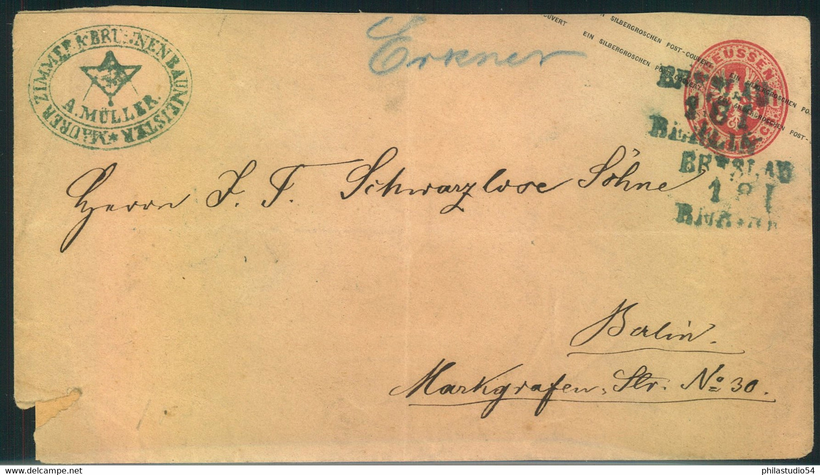 1865 (ca.), 1 Gr. GSU Mit Bahnpost L3 BRESLAU-BERLIN Und Handschriftlicher Übernahme "Erkner" - Postal  Stationery