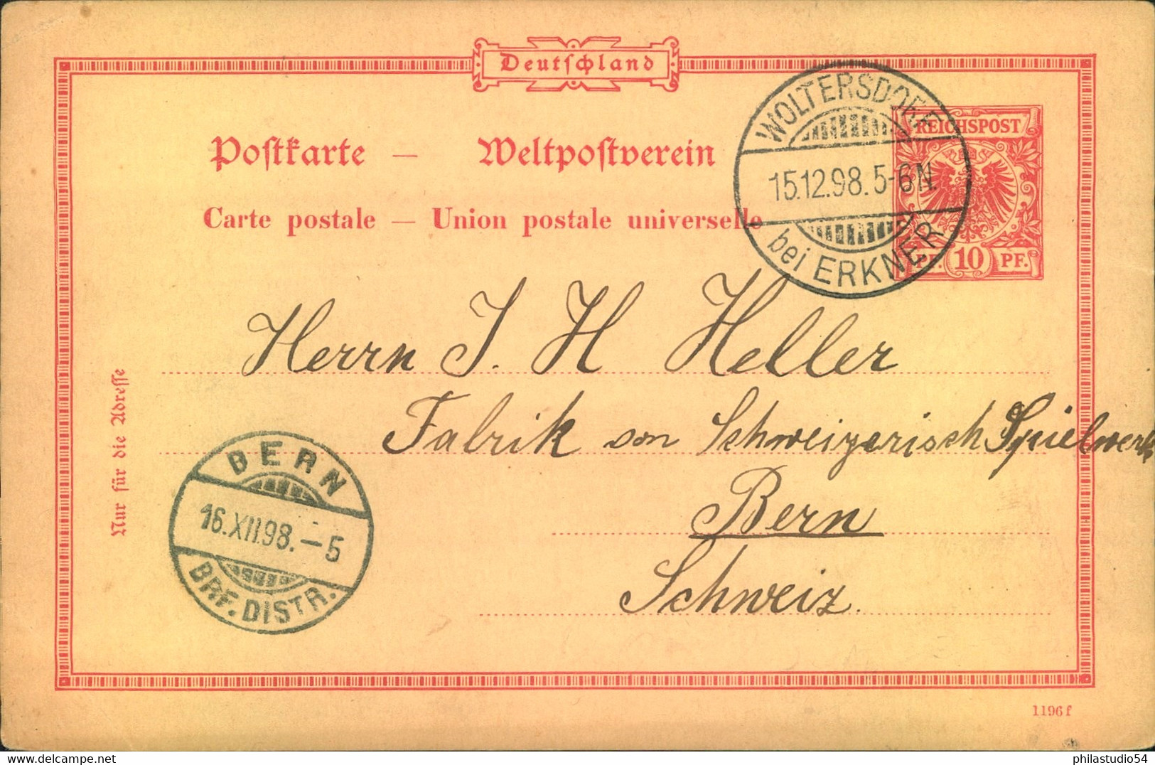 1898, " WOLTERSDORF Bei ERKNER" Brücken-Giterstempel Auf 10 Pfg. GSK Nach Bern. - Maschinenstempel (EMA)