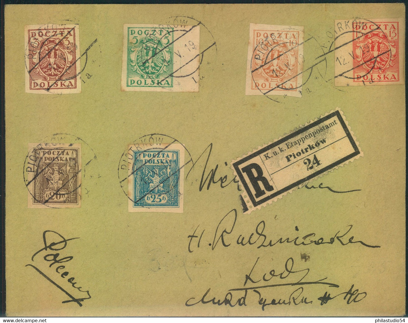 1919, R-Brief Mit 5 Werten Der Wappenausgabe Geschnitten Ab PIOTRKOW Mit R-Zettel "KuK Etappenpostamt" - Brieven En Documenten