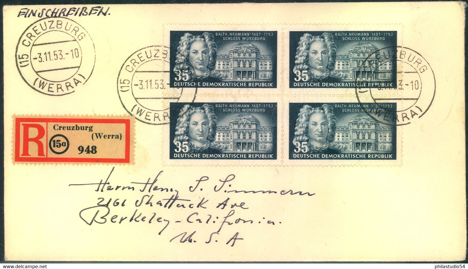 1953, 35 Pfg. Neumann Im Viererblock Auf R-Brief Ab "(15) CREUZBURG (WERRA) Nach USA. - Covers & Documents