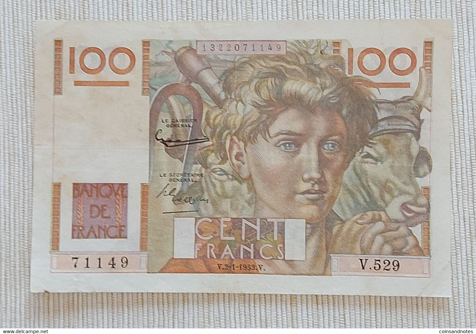 France 1953 - 100 Francs ‘Jeune Paysan’ - No V.529 71149 - P# 128d - Near UNC - 100 F 1945-1954 ''Jeune Paysan''