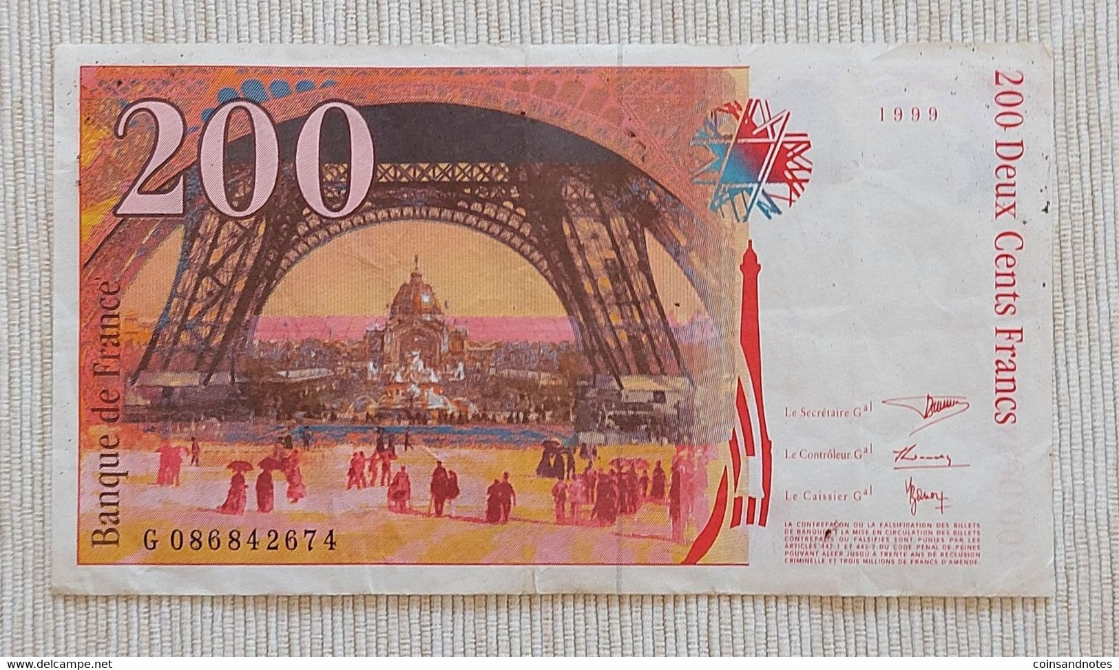 France 1999 - 200 Francs ‘Eiffel’ - No G 086842674 - P# 159c - Near UNC - 200 F 1995-1999 ''Eiffel''