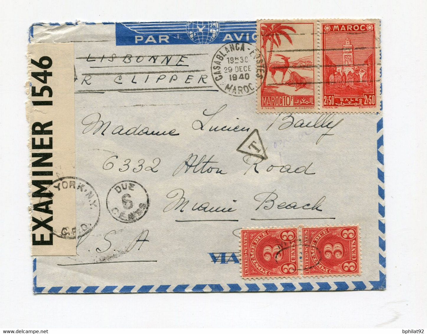 !!! MAROC, LETTRE PAR AVION DU 29/12/1940 POUR MIAMI, TRANSPORTEE PAR LA PAN AM (MENTION LISBONNE PAR CLIPPER) - 1960-.... Briefe & Dokumente