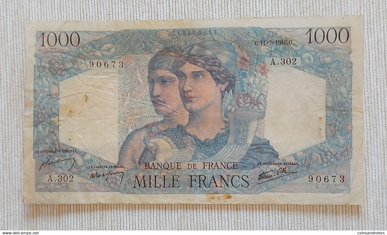 France 1946 - 1000 Francs ‘Minerva And Hercules’ - No A302 90673 - P# 130a - Near UNC - 1 000 F 1945-1950 ''Minerve Et Hercule''