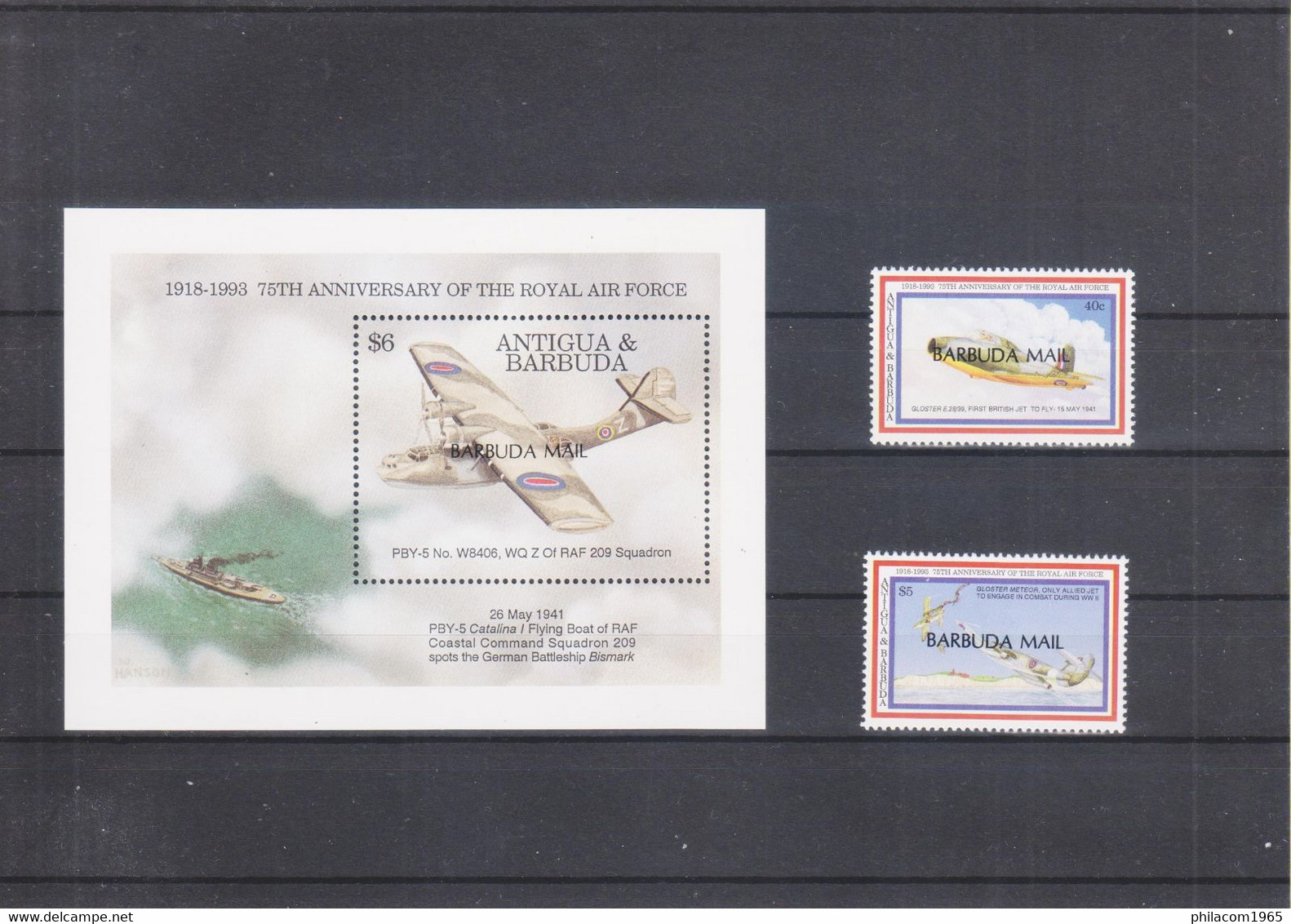 Antigua & Barbuda, Aufdruck Barbuda Mail, 75 Jahre Royal Air Force Aus 1994, Kompletter Postfrisch Satz Mit Block, MNH - Antigua Und Barbuda (1981-...)