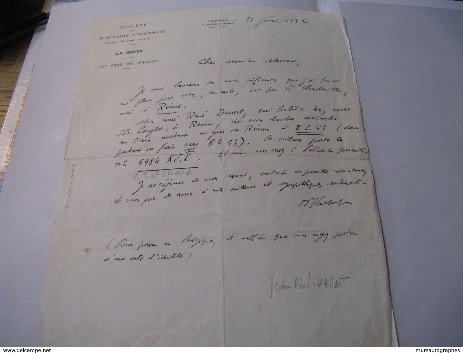 LETTRE AUTOGRAPHE SIGNEE DE JEAN-PAUL VAILLANT 1932 ESSAYISTE SPECIALISTE ARTHUR RIMBAUD CHARLEVILLE - Andere & Zonder Classificatie