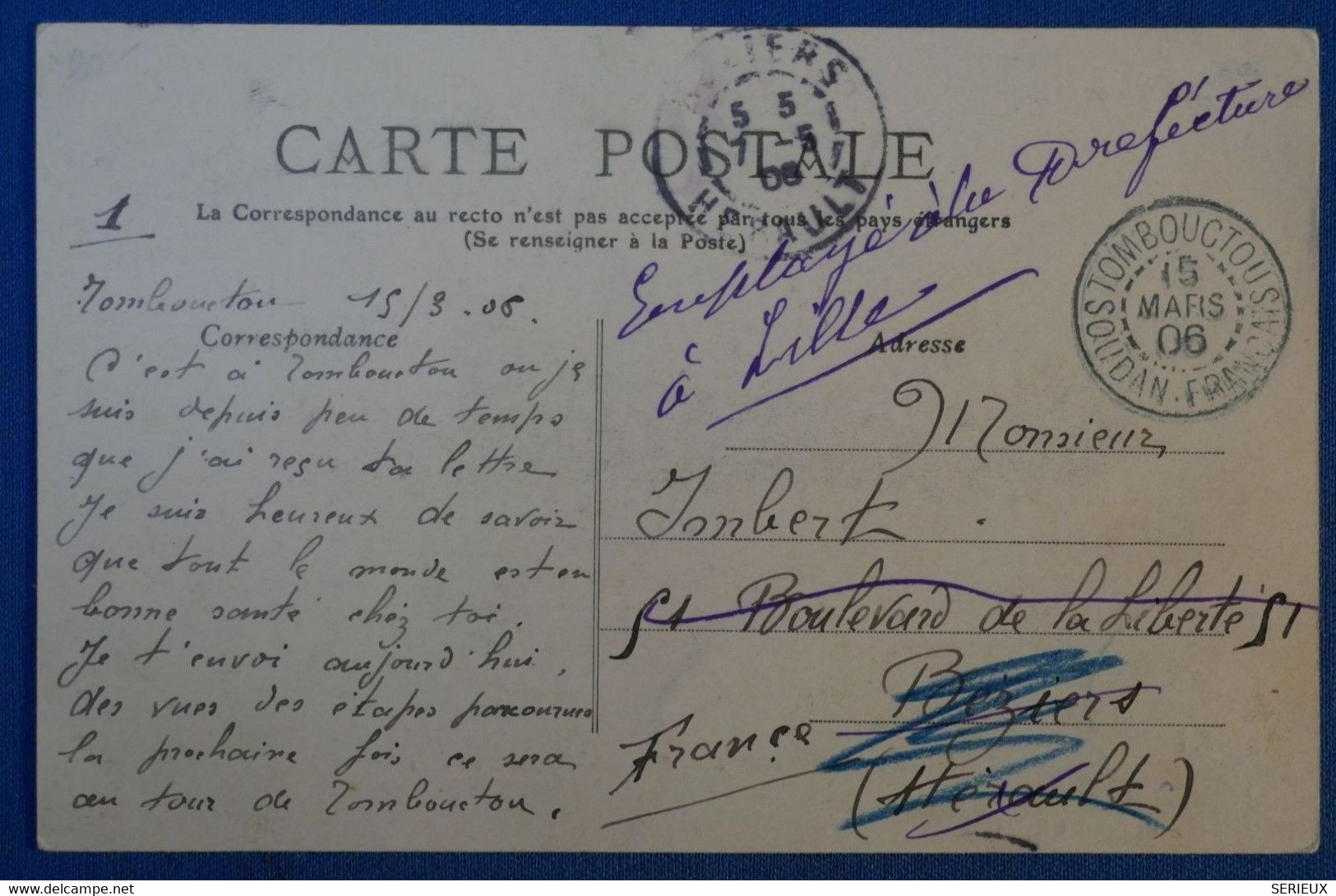 G8 SENEGAMBIE ET NIGER BELLE CARTE RARE 1906 TOMBOUCTOU SOUDAN POUR BEZIERS REDISTRIBUéE+BEL AFFRANCHISSEMENT - Cartas & Documentos