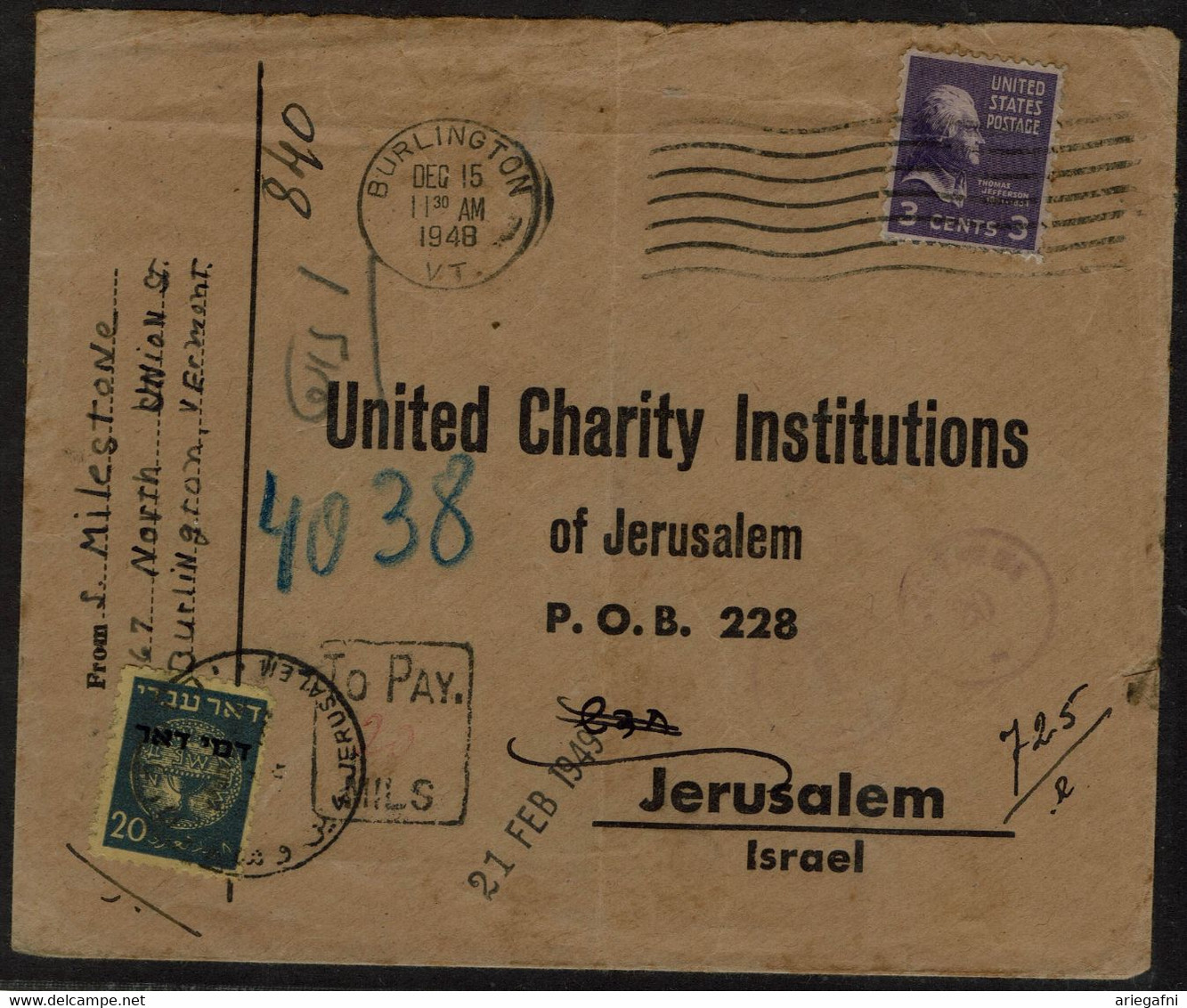 ISRAEL 1949 COVER SENT IN 21/2/1949 FROM USA TO JERUSALEM WITH TO PAY VF!! - Segnatasse