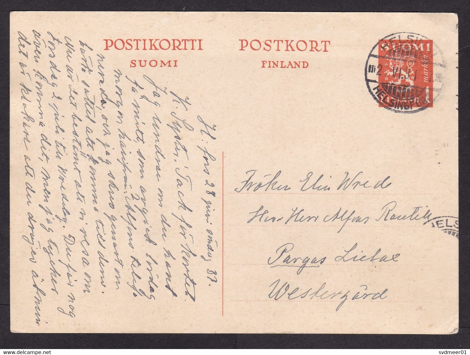 Finland: Stationery Postcard, 1931, Heraldry (minor Crease) - Covers & Documents