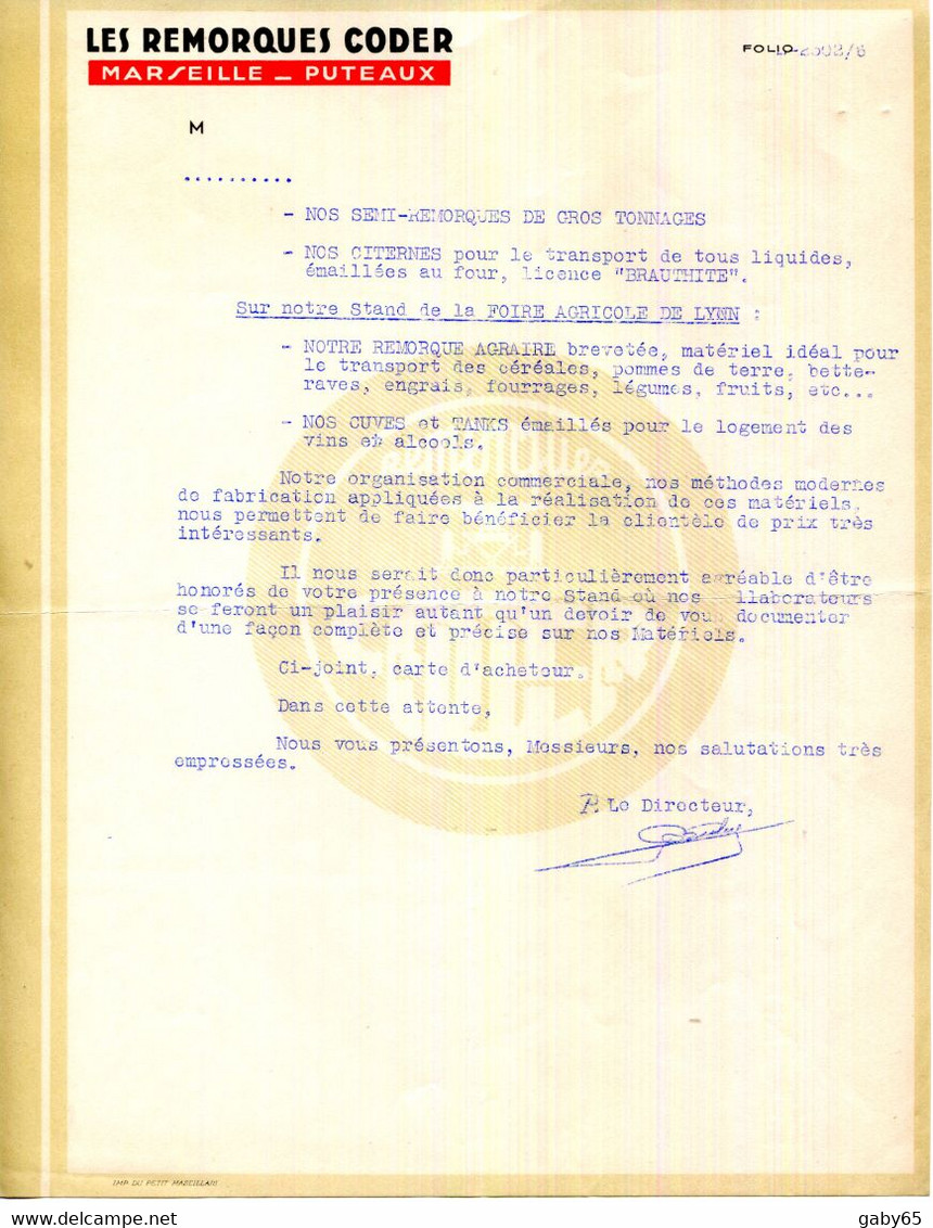 FACTURE.13.MARSEILLE.92.PUTEAUX.CITERNES POUR TRANSPORT DE LIQUIDES " CODER " 2 PIECES. - Automobile