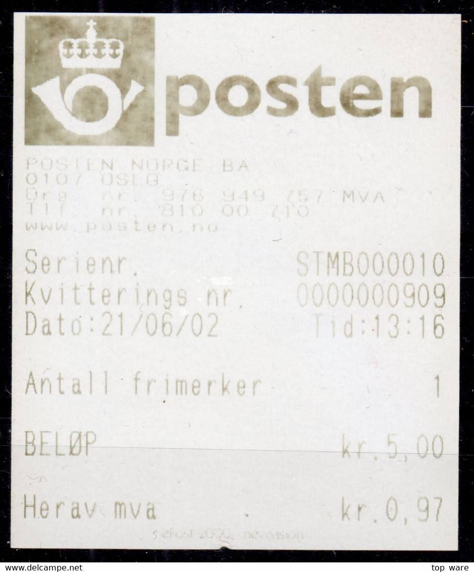 Norge Norwegen Norway ATM 5 Hubro Owl Eule / 5,00 On B-Post Cover Oslo 21.06.02 + Receipt / Etiquetas Automatenmarken - Brieven En Documenten