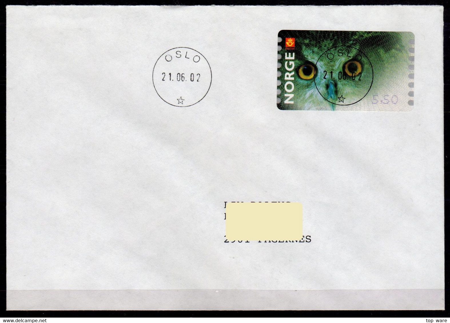 Norge Norwegen Norway ATM 5 Hubro Owl Eule / 5,50 On A-Post Cover Oslo 21.06.02 + Receipt / Etiquetas Automatenmarken - Briefe U. Dokumente