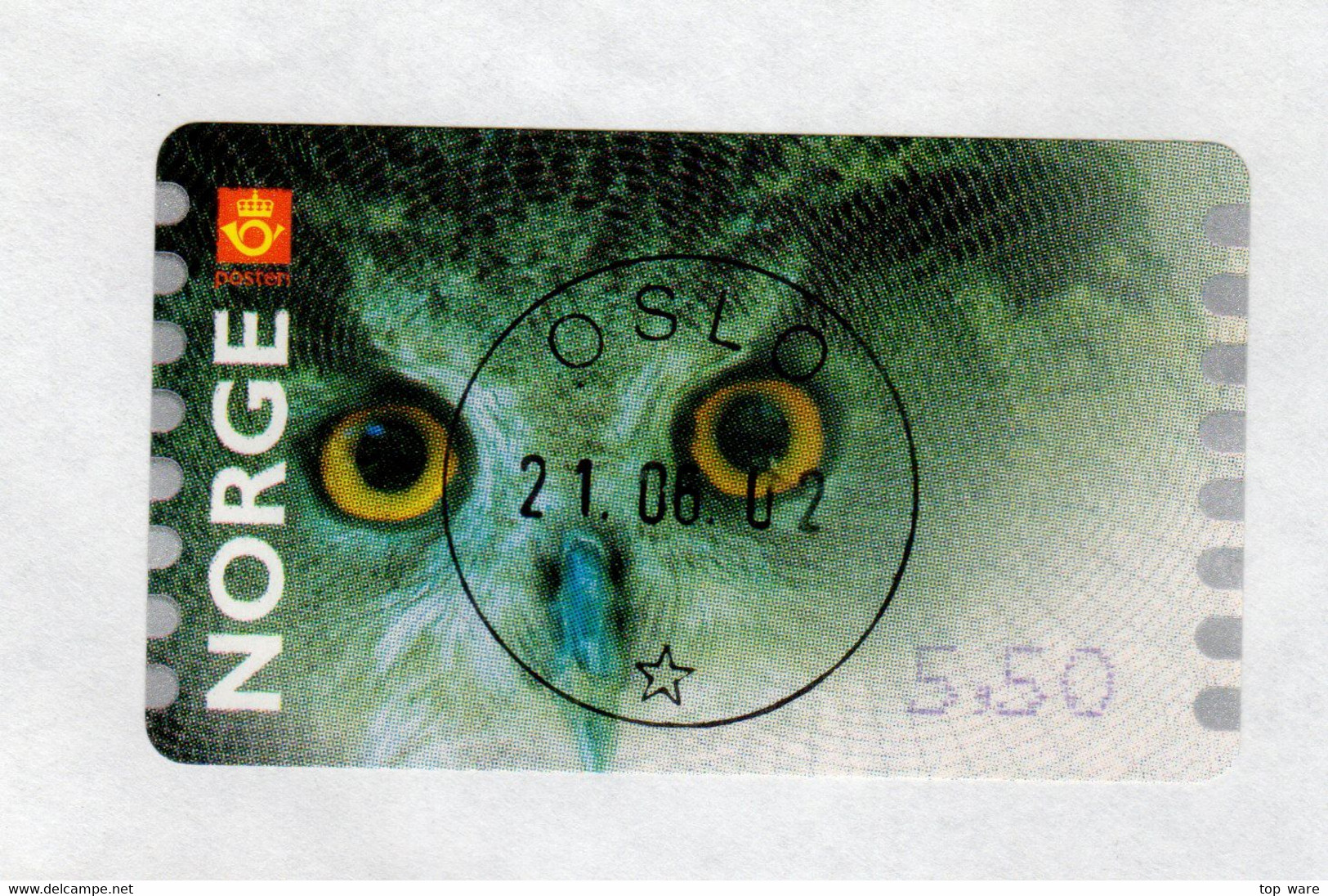 Norge Norwegen Norway ATM 5 Hubro Owl Eule / 5,50 On A-Post Cover Oslo 21.06.02 + Receipt / Etiquetas Automatenmarken - Lettres & Documents