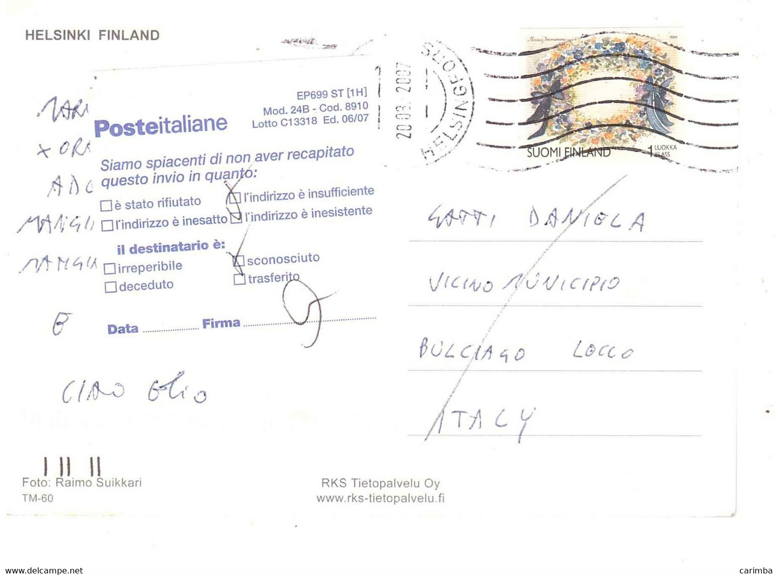 2007 CARTOLINA HELSINKI PER ITALIA - Storia Postale