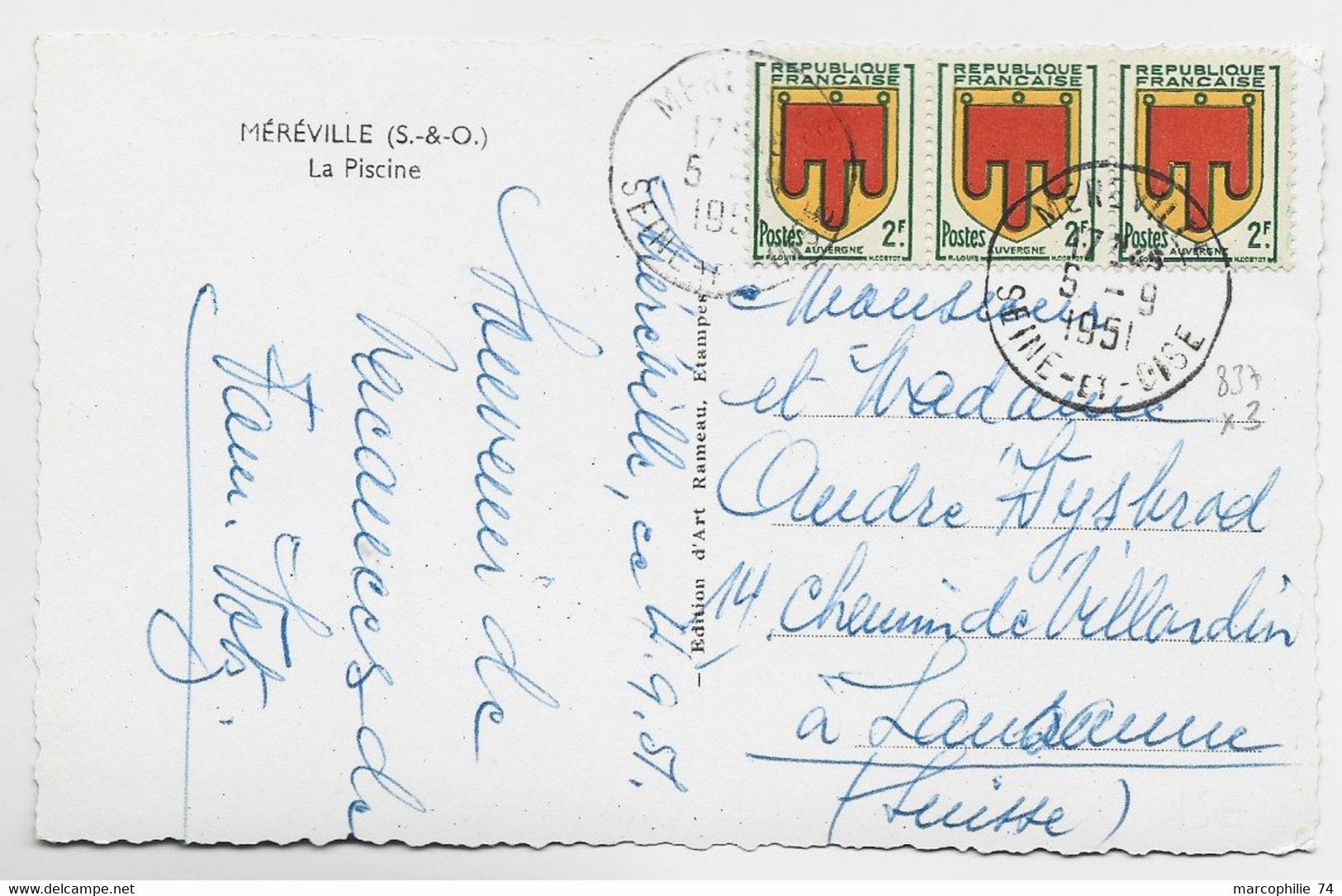 FRANCE BLASON 2FR BANDE DE 3 AUVERGNE CARTE 5 MOTS MEREVILLE 5.9.1951 POUR SUISSE AU TARIF - 1941-66 Armoiries Et Blasons