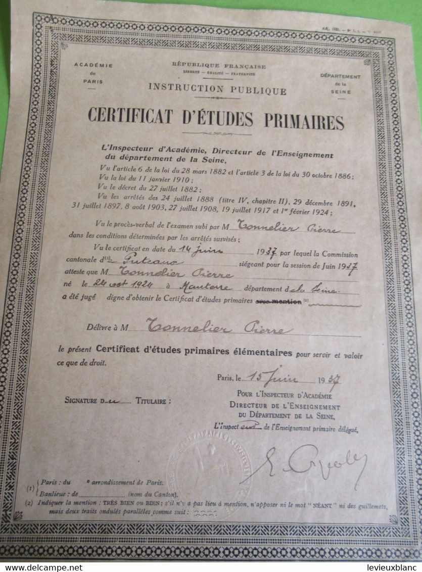 Certificat D'Etudes Primaires/RF/Instruction Publique/Académie De Paris/Seine/Tonnelier/1937        DIP261 - Diplômes & Bulletins Scolaires