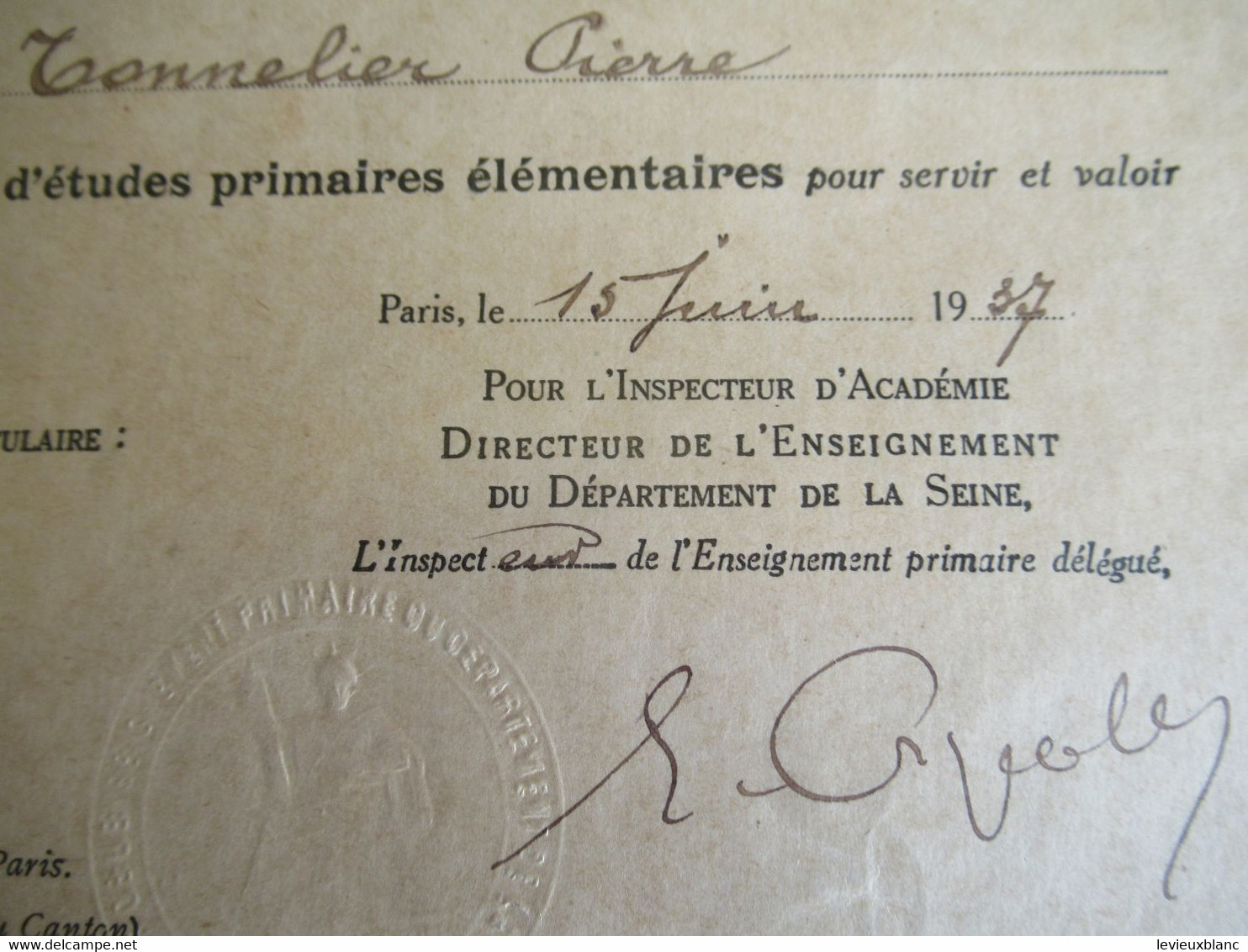 Certificat D'Etudes Primaires/RF/Instruction Publique/Académie De Paris/Seine/Tonnelier/1937        DIP261 - Diplomas Y Calificaciones Escolares