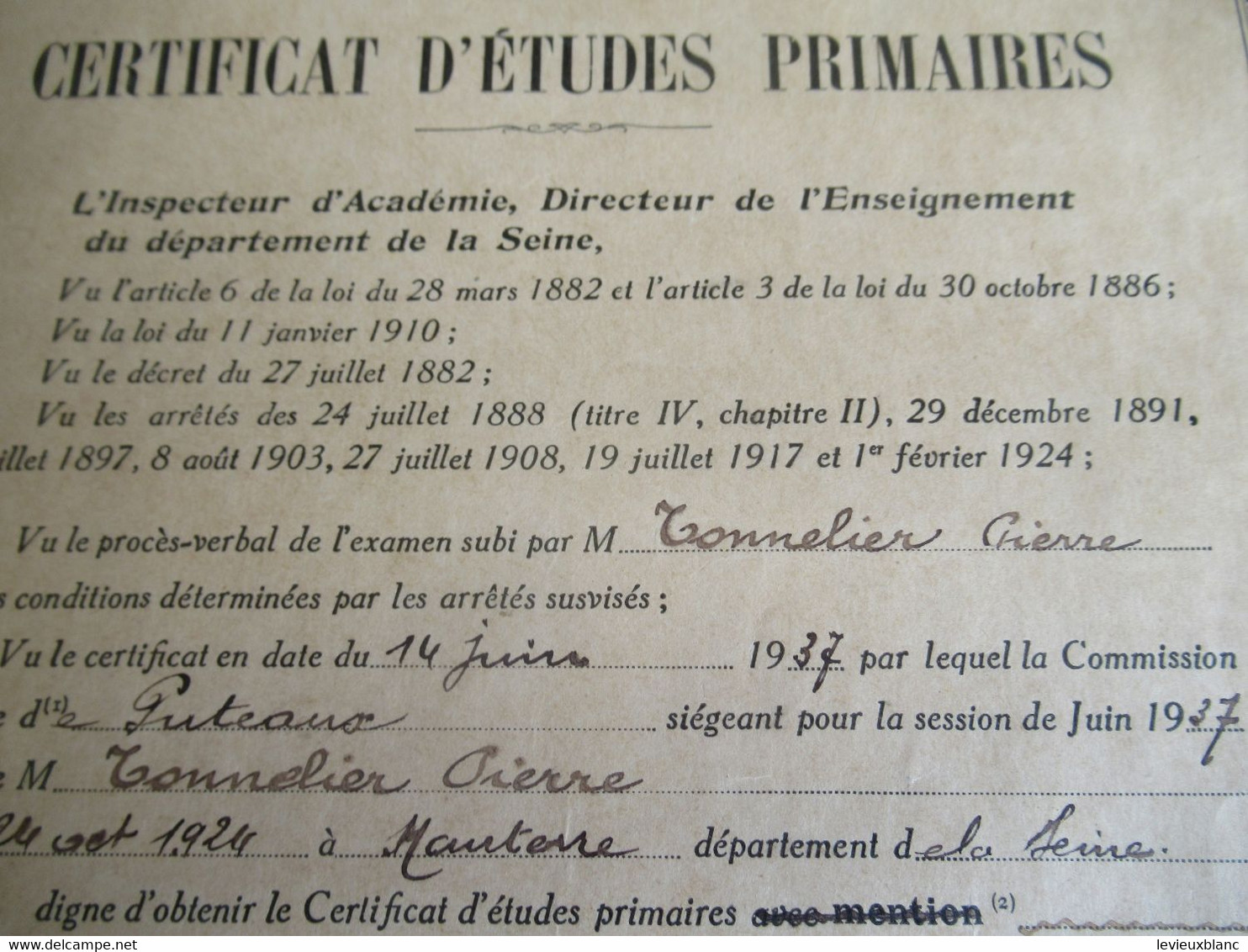 Certificat D'Etudes Primaires/RF/Instruction Publique/Académie De Paris/Seine/Tonnelier/1937        DIP261 - Diplomas Y Calificaciones Escolares