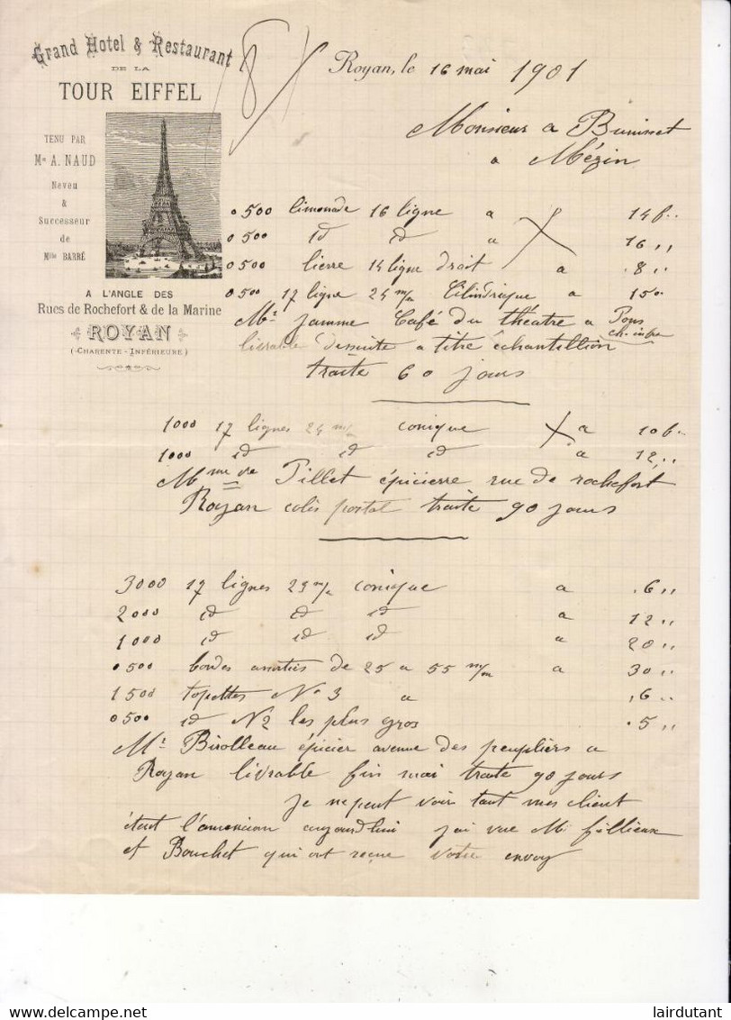 GRAND HOTEL ET RESTAURANT DE LA TOUR EIFFEL À ROYAN   ........... CORRESPONDANCE COMMERCIALE DE 1901 - Sports & Tourisme