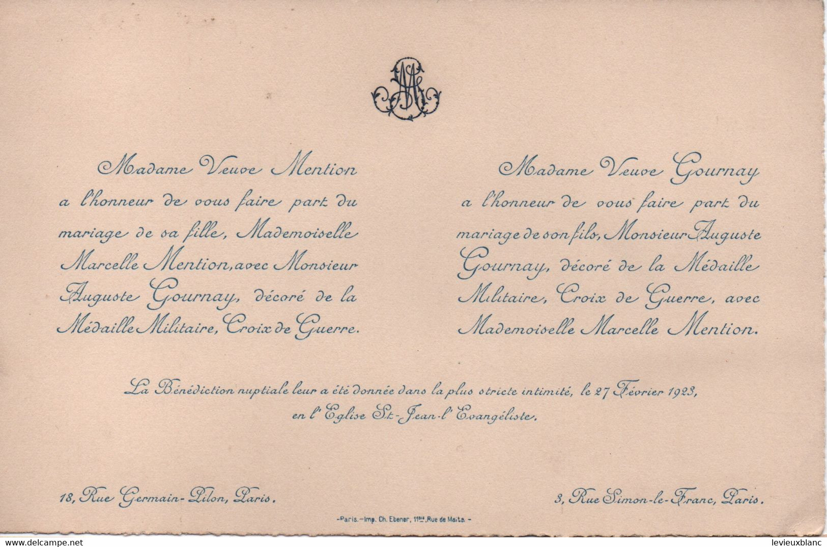 Mariage De Mademoiselle Marcelle MENTION Avec Monsieur Auguste GOURNAY/Médaille Militaire-Croix De Guerre/1923     FPM49 - Huwelijksaankondigingen