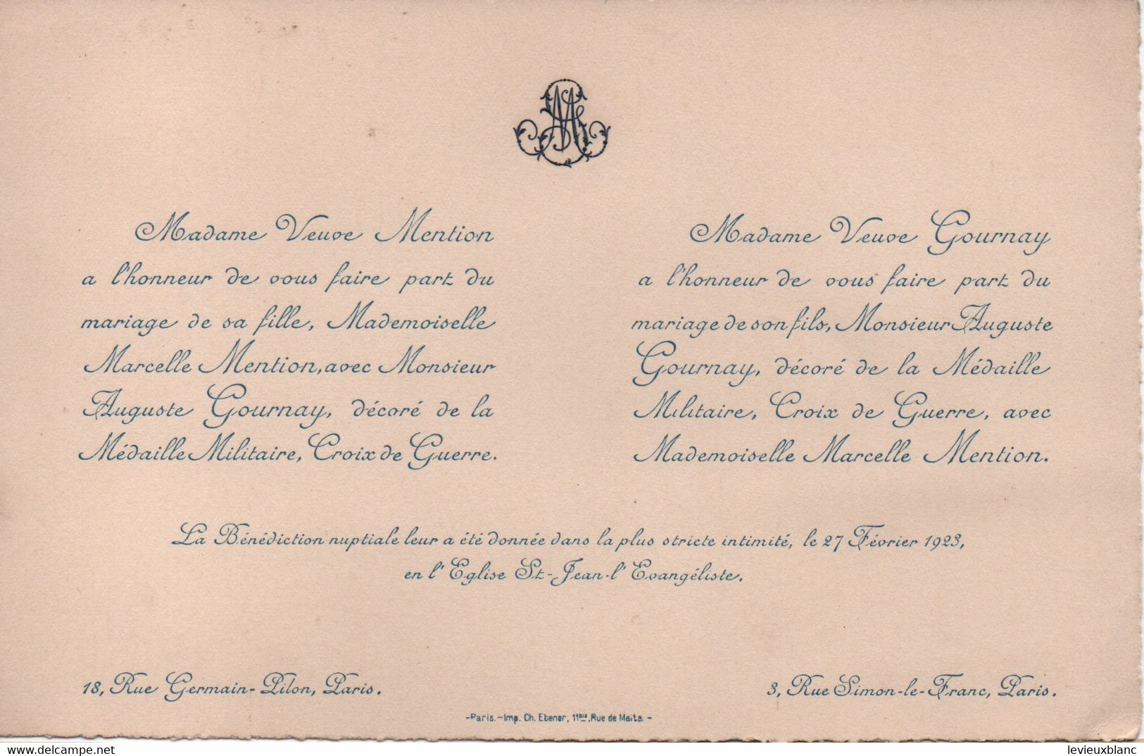 Mariage De Mademoiselle Marcelle MENTION Avec Monsieur Auguste GOURNAY/Médaille Militaire-Croix De Guerre/1923     FPM49 - Mariage