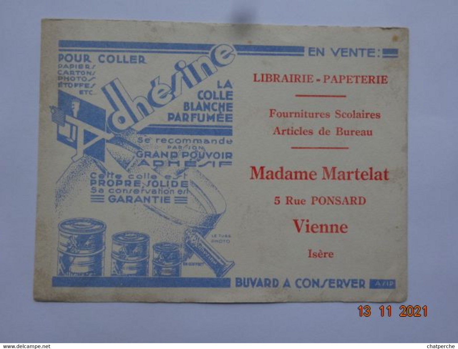 BUVARD BLOTTING PAPER PAPETERIE LIBRAIRIE MME MARTELAT VIENNE 38 ISÈRE COLLE ADHESINE - Papeterie