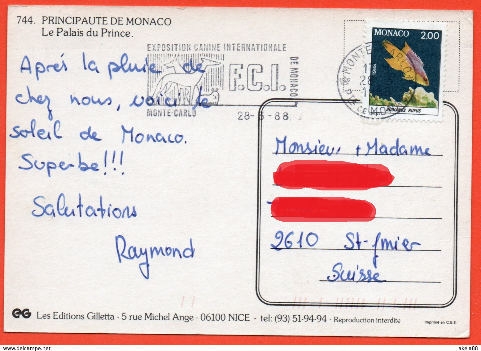 MONACO 1988 - BODIANUS RUFUS - TORDO SPAGNOLO - MONTECARLO - ESPOSIZIONE INTERNAZIONALE CANINA - CANI - Brieven En Documenten