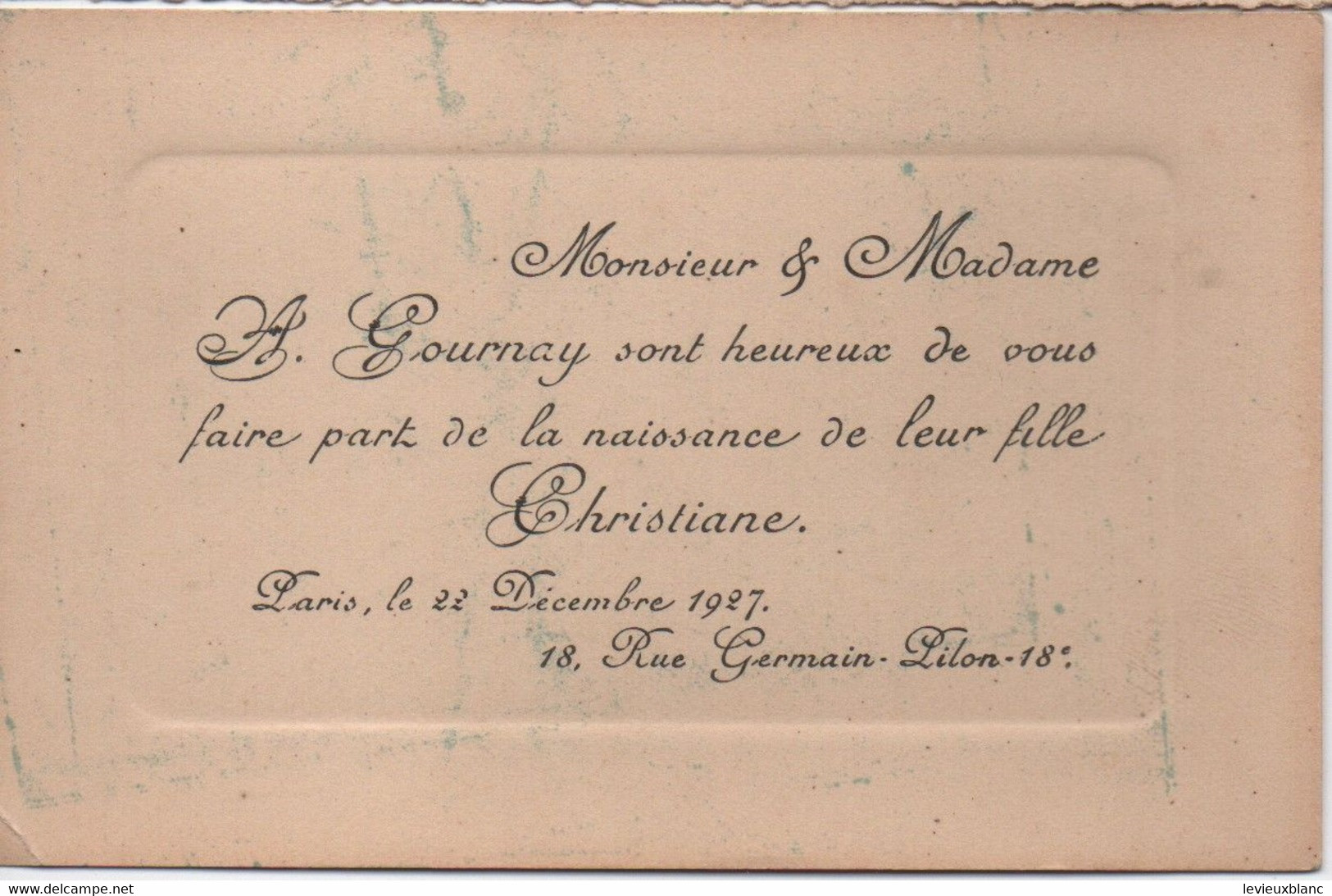 Naissance De Christiane GOURNAY / Monsieur Et Madame  Auguste Gournay/ 18 Rue Germain Pilon Paris 18éme/1927   FPN12 - Boda