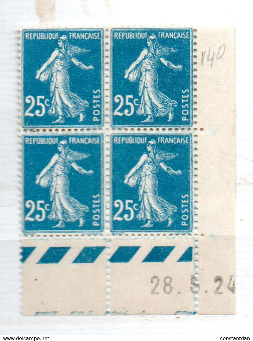 FRANCE N° 140 25C BLEU TYPE SEMEUSE CAMEE COIN DATE DU 28/1/1934 NEUF CHARNIERE TRES LEGERE - ....-1929