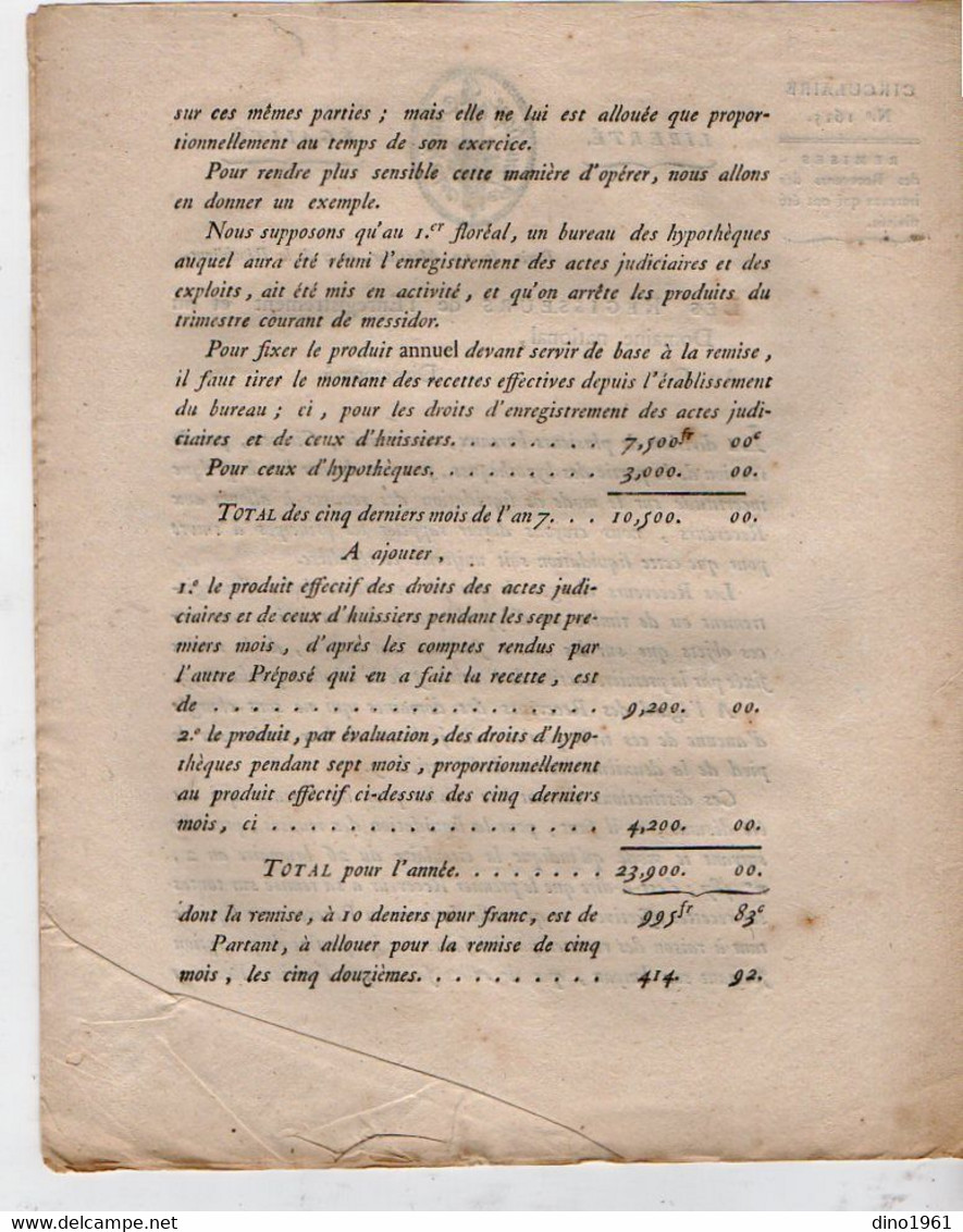 VP18.506 - Révolution - PARIS An 7 De La République Française - Circulaire Concernant Les Remises Des Receveurs - Decreti & Leggi