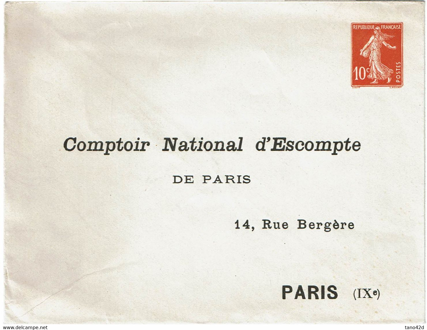 REF SAU15 - FRANCE  ENVELOPPE SEMEUSE CAMEE 10c REPIQUAGE COMPTOIR NATIONAL D'ESCOMPTE - Overprinted Covers (before 1995)