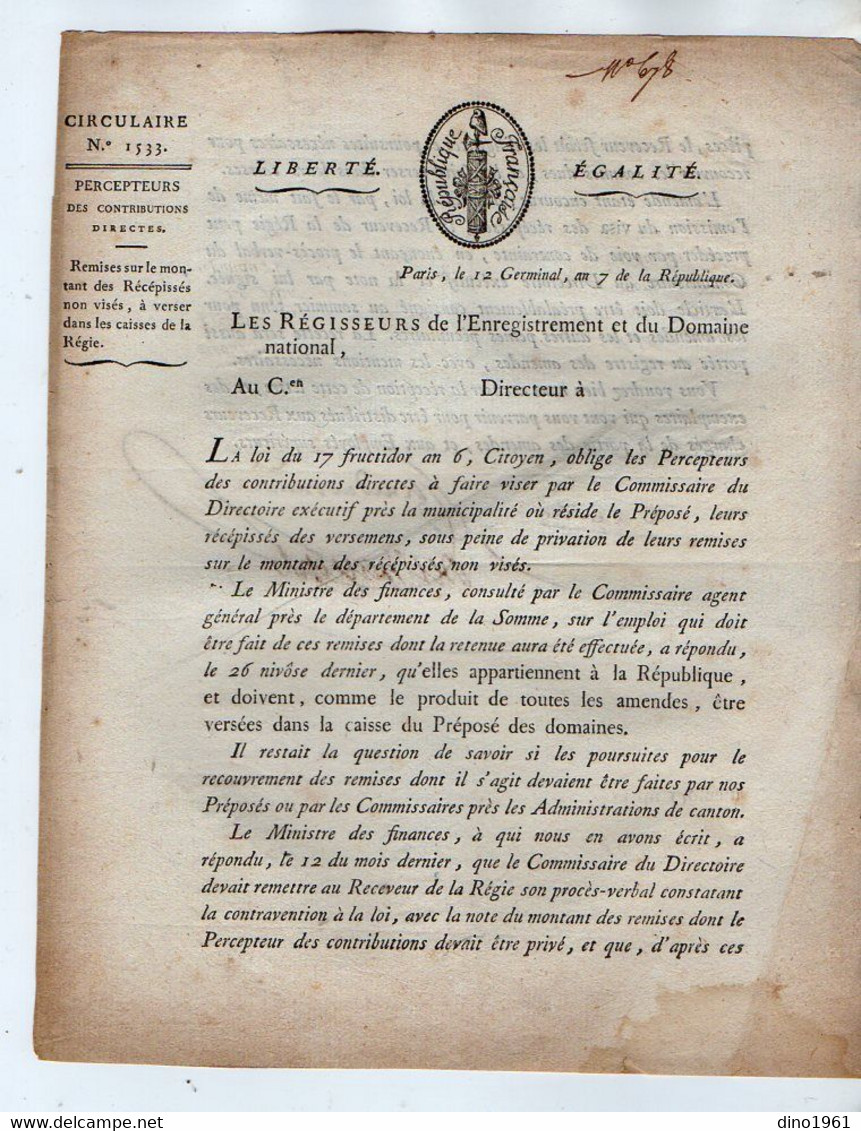 VP18.508 - Révolution - PARIS An 7 De La République Française - Circulaire Concernant Les Percepteurs Des Contributions - Decreti & Leggi