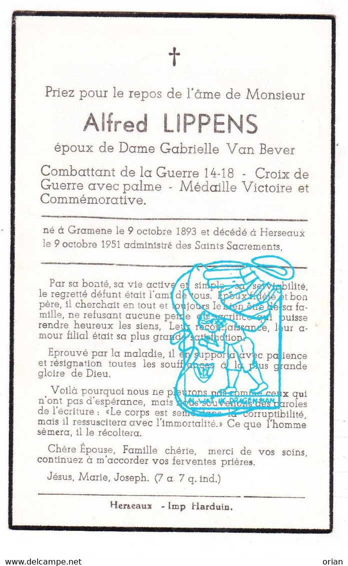 DP Alfred Lippens ° Grammene Deinze 1893 † Herseaux Mouscron 1951 X Gabrielle Van Bever - Imágenes Religiosas