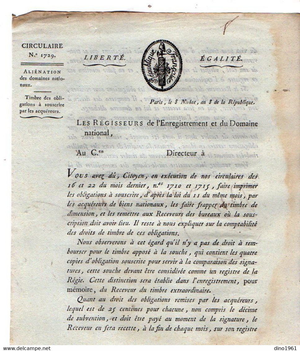 VP18.515 - Révolution - PARIS An 8 De La République Française - Circulaire Concernant Les Aliénations De Domaines ..... - Decreti & Leggi