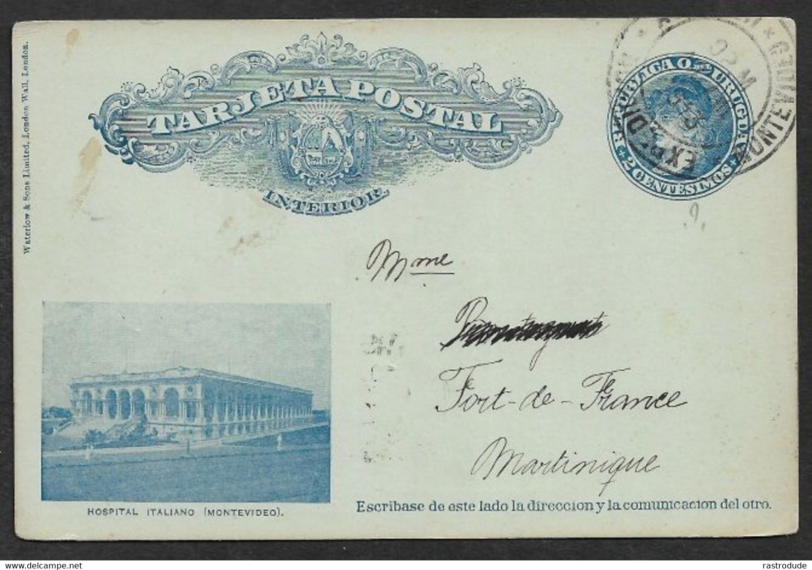 1913 URUGUAY - ILLUSTRATED 2C POSTAL STATIONERY CARD MONTEVIDEO To MARTINIQUE - RARE DESTINATION - Uruguay