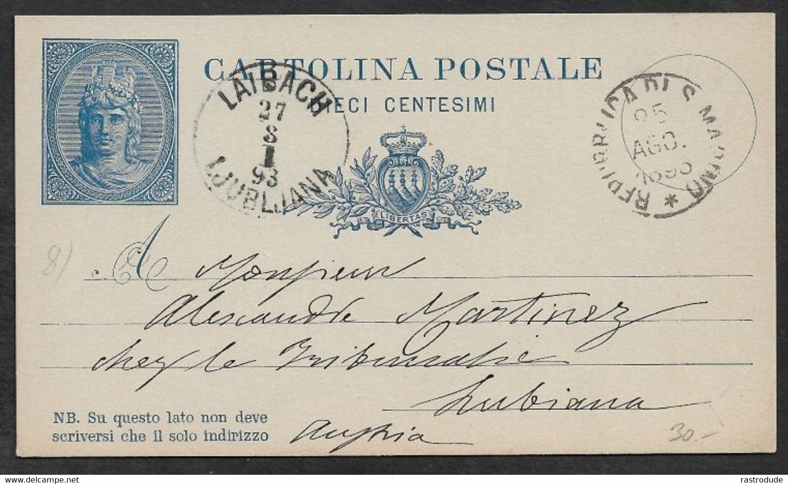 1894 SAN MARINO 10C CARTOLINA POSTALE LIBERTAS Mi.Nr. P3 - LAIBACH LJUBLIANA - Cartas & Documentos